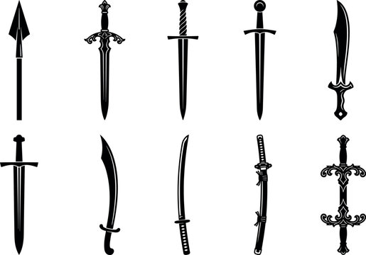 Sword Collection Set Featuring Various Weapon Designs Including Daggers, Sabers, and Katana for Digital Illustrations and Games