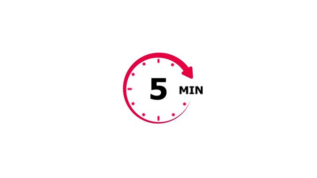 5 minutes Countdown Timer Animation with Red Rotating Arrow on White Background. Red circle timer icon concept. 4k video