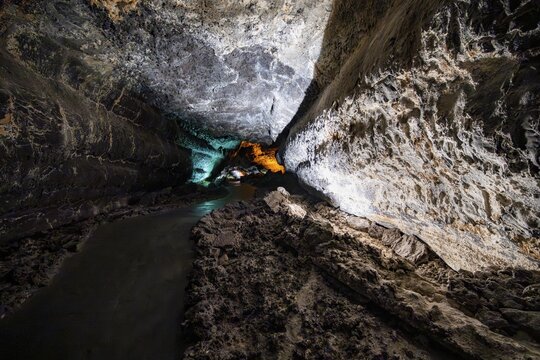 Underground cave formed by lava flow, illuminated lava cave, Cueva de los Verdes, Lanzarote, Canary Islands, Spain