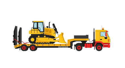 Fototapeta premium Flatbed Truck Transporting Yellow Bulldozer on Low Loader Trailer Illustration Isolated on White