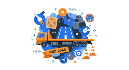 Fototapeta premium Logistics and Heavy Cargo Transportation Concept with Flatbed Truck and Wide Load Sign - Flat Vector Illustration