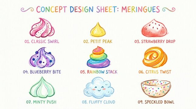 Colorful Watercolor Illustration of Various Delicious Meringue Desserts.