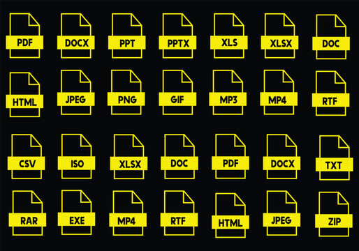 File format line icon set, Collection of file type icons like PDF, PNG, MP3, DOC, XLS, JPG, GIF, AVI. Perfect for digital projects, presentations, or software resources