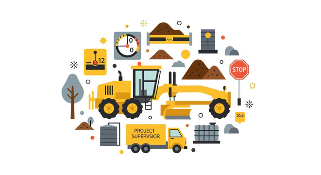 Motor Grader Illustration and Road Construction Equipment Set with Project Supervisor Truck and Industrial Icons