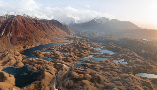 Atmospheric aerial view, high mountain landscape with glacier moraines and mountain lakes, behind Pik Lenin, Trans Alay Mountains, Pamir Mountains, Osher Province, Kyrgyzstan