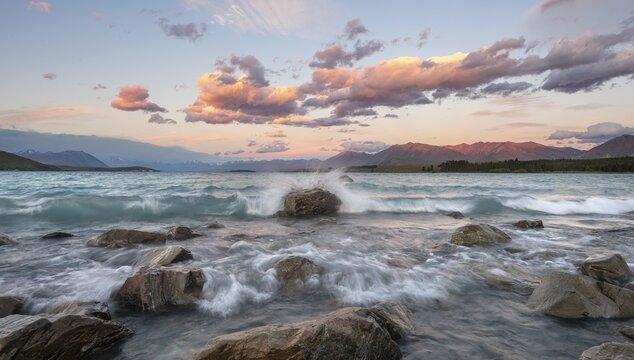 Stones on shore, lake with sunset swell, long time exposure, Lake Tekapo, Canterbury, South Island, New Zealand