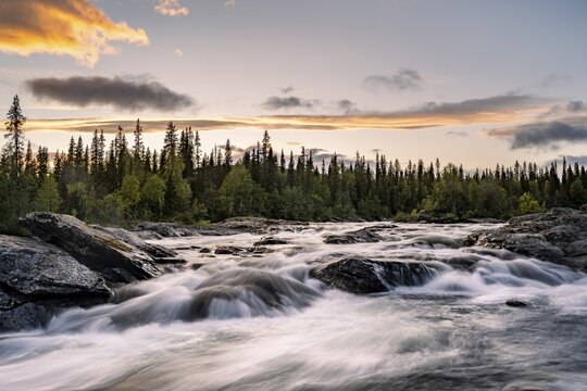 Rapids of the river Gamaj&aring;hk&aring;, evening mood, Kvikkjokk, Laponia, Norrbotten, Lapland, Sweden