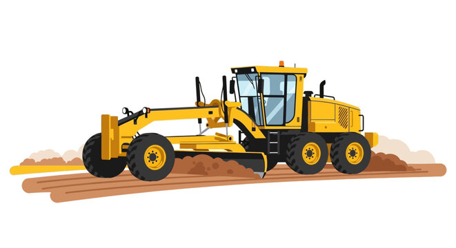 Yellow Motor Grader Vector Illustration - Heavy Road Construction Machinery Leveling Dirt on White Background