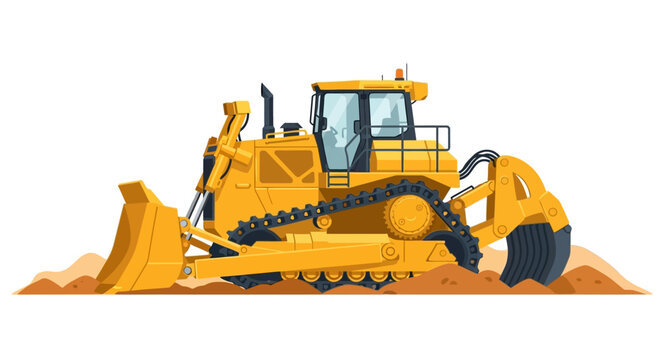 Yellow Bulldozer Illustration, Heavy Duty Crawler Tractor for Earthmoving and Construction Works, Isolated Graphic
