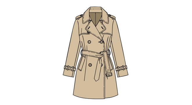 Classic beige trench coat with double breasted buttons and belt illustration