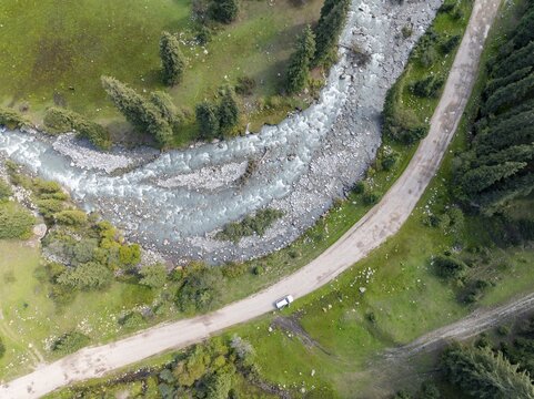Aerial view, Green Mountain Valley, Chon Kyzyl Suu, Tien-Shan Mountains, Kyrgyzstan