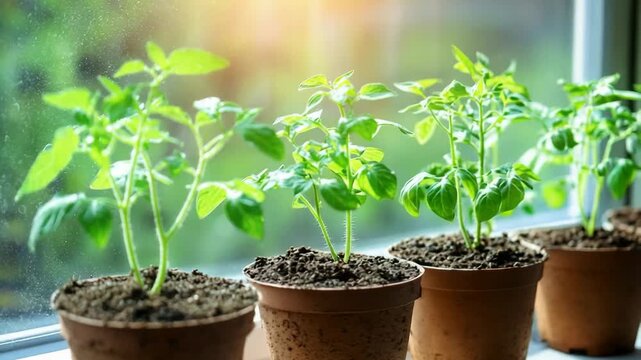 selective focus seedlings in pots on windowsill