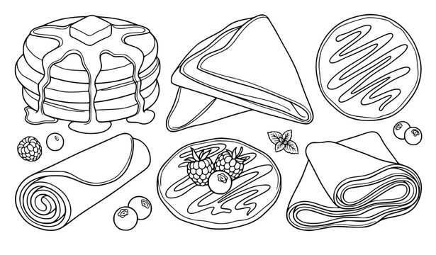 Pancakes crepes continuous line art stacked rolled vector set