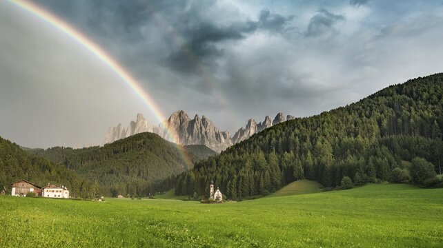 Rainbow in front of the church St. Johann in Ranui, San Giovanni, St. John's Chapel, Geisler Group, Villn&ouml;&szlig;al, St. Magdalena, Bolzano, South Tyrol, Italy