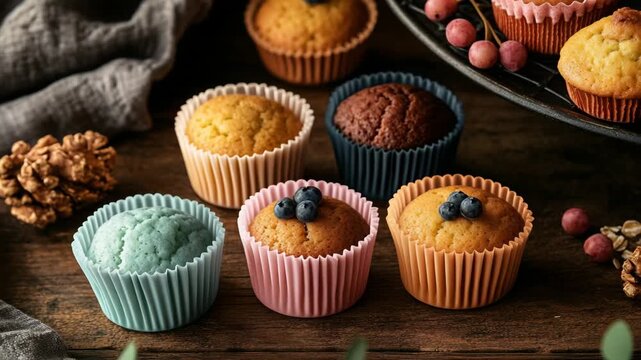 selective focus colorful kitchen baking scene with silicone molds and soft natural lighting