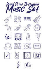 Fototapeta premium Hand drawn music illustration set featuring various instruments, audio equipment, and symbols in a doodle sketch style. Perfect for creative designs, banners, and music icons