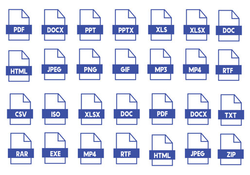 File type icon set, files format type vector, PNG, JPEG, PDF, DOCX, and other file extension. Variety of file formats shown like RAW, ZIP, XLS, MP3, SQL. Ideal for technology or data related content