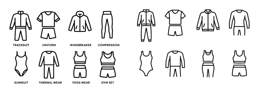 Sportswear icons with tracksuit swimsuit bra minimal
