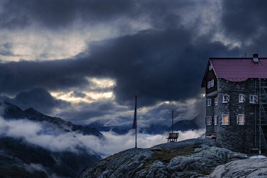 Siegerlandh&uuml;tte at blue hour with dramatic cloudy sky, S&ouml;lden, &Ouml;tztal, Tyrol, Austria