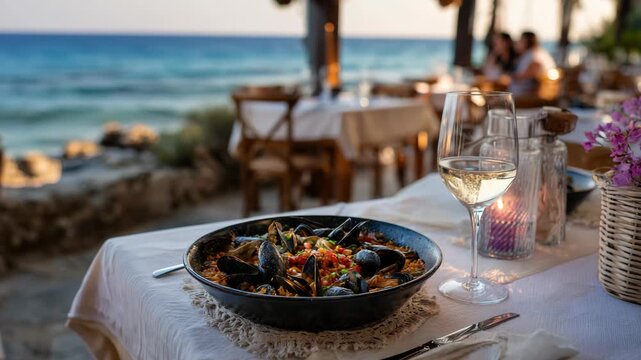 Seafood pasta dish with wine at seaside restaurant