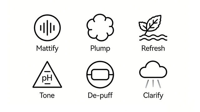 Linear icons such as sound waves and cotton, skincare products have the effects of oil control matte, plumpness and rejuvenation, skin adjustment and edema reduction, and skin cleansing.
