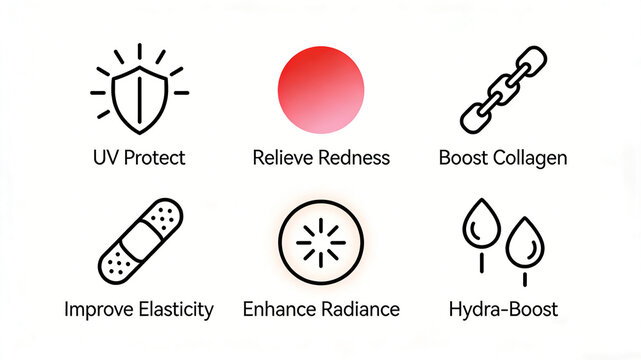 Linear icons such as shields and chains have the effects of sunscreen, anti redness, collagen promotion, elasticity enhancement, brightening, and deep hydration in skincare products.
