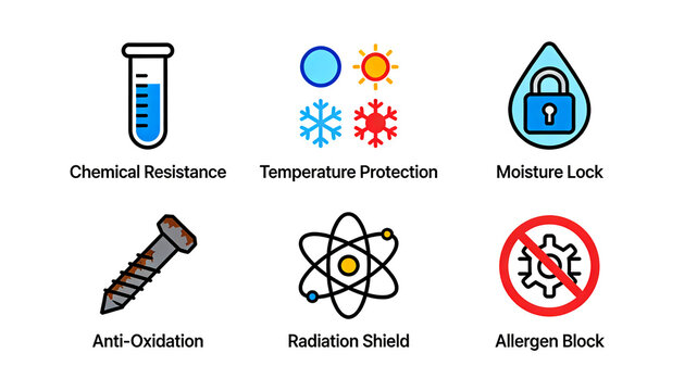 Color icons such as test tubes and lock shapes protect products from chemical, temperature, water, oxidation, radiation, and allergen resistance.

