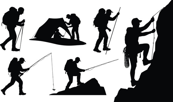 Outdoor adventure silhouettes of hiking, camping, fishing, and rock climbing activities with backpack gear on white background