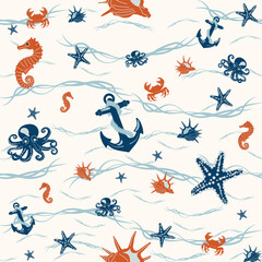 Seamless vector pattern with nautical elements such as anchors, starfish, octopus and sea creatures combined with flowing wave lines © Юлія Панченко
