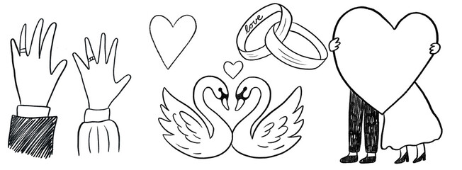 Hand drawn wedding vector illustration set collection pencil crayon texture black color for marriage wedding reception engagement party invitation announcement valentines transparent png © Alice Makes