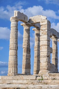 Ruin and columns of the ancient Temple of Poseidon, Cape Sounion, Attica, Greece