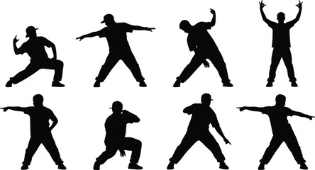 Fototapeta premium Silhouette illustration of dancers performing energetic hip hop and breakdance poses expressing rhythm, movement, and modern dance culture