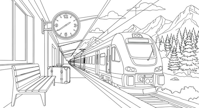 Railway station platform coloring page with passenger train waiting beside wooden bench luggage bag wall clock and mountain forest landscape background view.