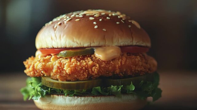 selective focus juicy chicken burger with crispy breaded patty lettuce tomato pickles mayo