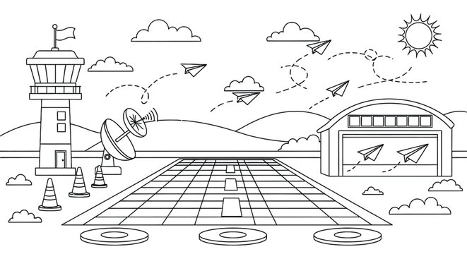 Airport runway coloring page featuring control tower radar dish hangar traffic cones and paper airplanes flying in sunny sky for creative kids activity set.