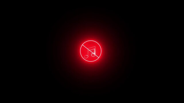 red neon glowing no sound icon animation, disable play button icon on black background.