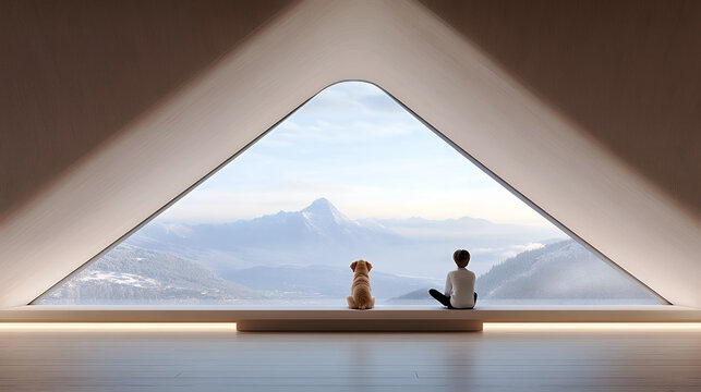A child and dog sit contemplatively before a panoramic mountain view, framed by a minimalist triangular window
