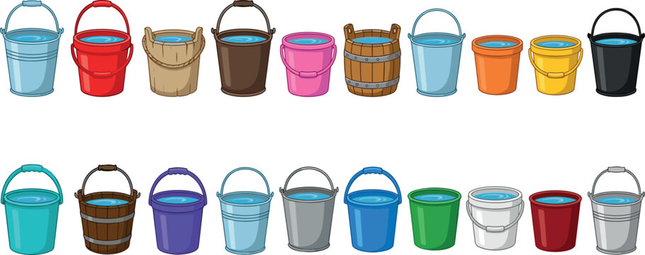 Collection of Colorful Buckets in Various Styles Including Plastic, Wooden, and Metal for Household, Cleaning, and Storage Illustrations