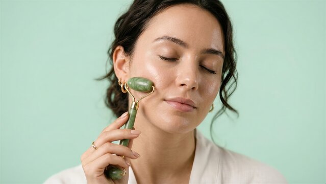 Caucasian woman skincare enthusiast using jade roller on face against green background. Beauty routine and self care wellness lifestyle banner with copy space