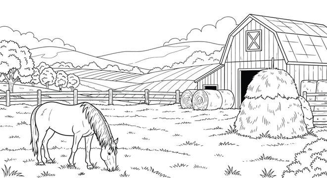 Farm landscape coloring book page with horse grazing in field near rustic barn and haystacks under mountain backdrop and rolling hills for kids activities.