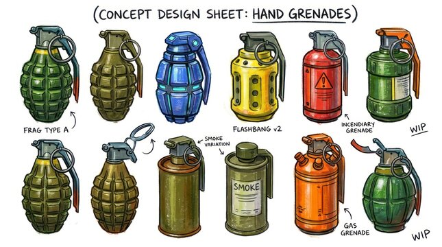 Concept Design Sheet of Various Hand Grenade Types for Military Applications.