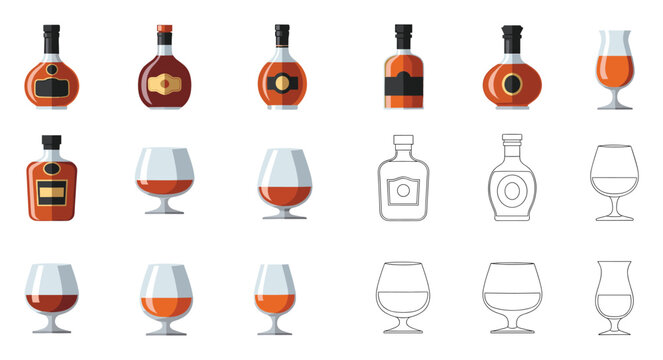 Collection of flat design brandy and cognac bottles and glasses for beverage menus