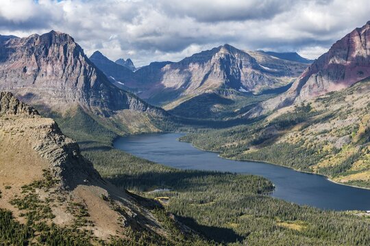 View from Continental Divide Trail onto Mountain Lake Two Medicine Lake with mountain landscape, Sinopah Mountain, Glacier National Park, Montana, USA