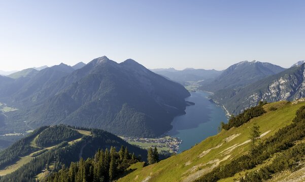 View from B&auml;renkopf, Lake Achen, Seebergspitze and Seekarspitze, Tyrol, Austria