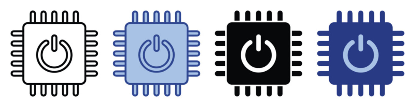 Processor chip icon with power symbol, representing system activation for web and mobile interfaces