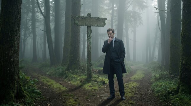 Man in suit standing by blank wooden sign in foggy forest. Businessman choosing direction at fork in path during mystery morning. Concept of life decision and career growth strategy