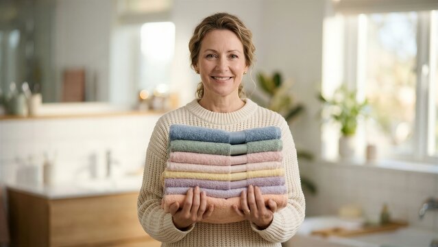 Caucasian woman homemaker holding stack of colorful folded towels in bright modern bathroom. Home organization and domestic chores lifestyle banner with copy space