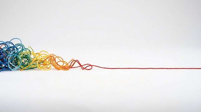 tangled multicolored threads unraveling to a straight line