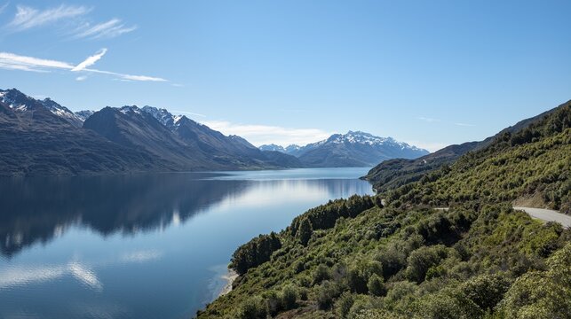 View of lake with mountains, Lake Wakatipu, Otago, South Island, New Zealand