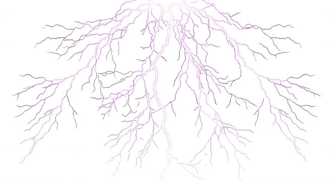 Bright purple lightning bolt branching out from a central point against a solid black background, electrical discharge effect